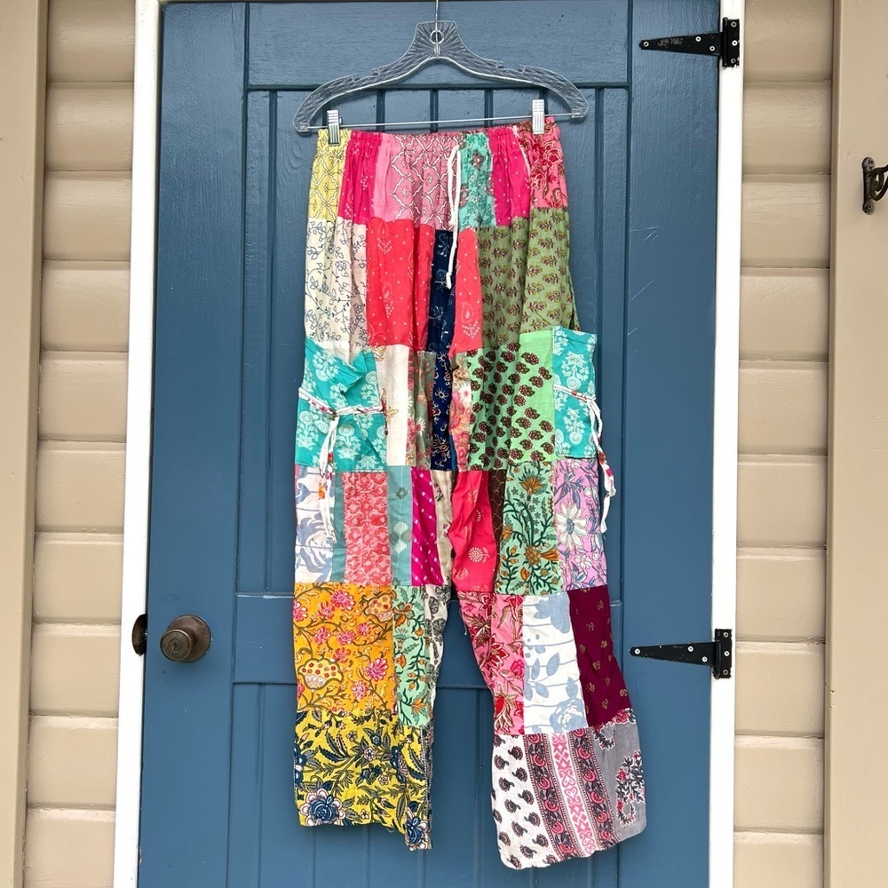 Vintage Boho Ashley Taylor Patchwork cotton pants with pockets Women one size